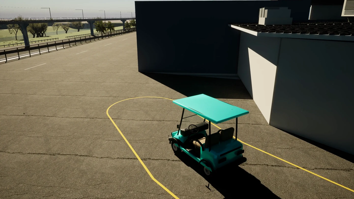 A turquoise golf buggy driving around the centre beside the elevated railway