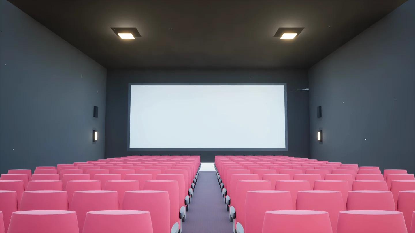 The cinema screen viewed from the back of the auditorium, with rows of pink seats and a central aisle