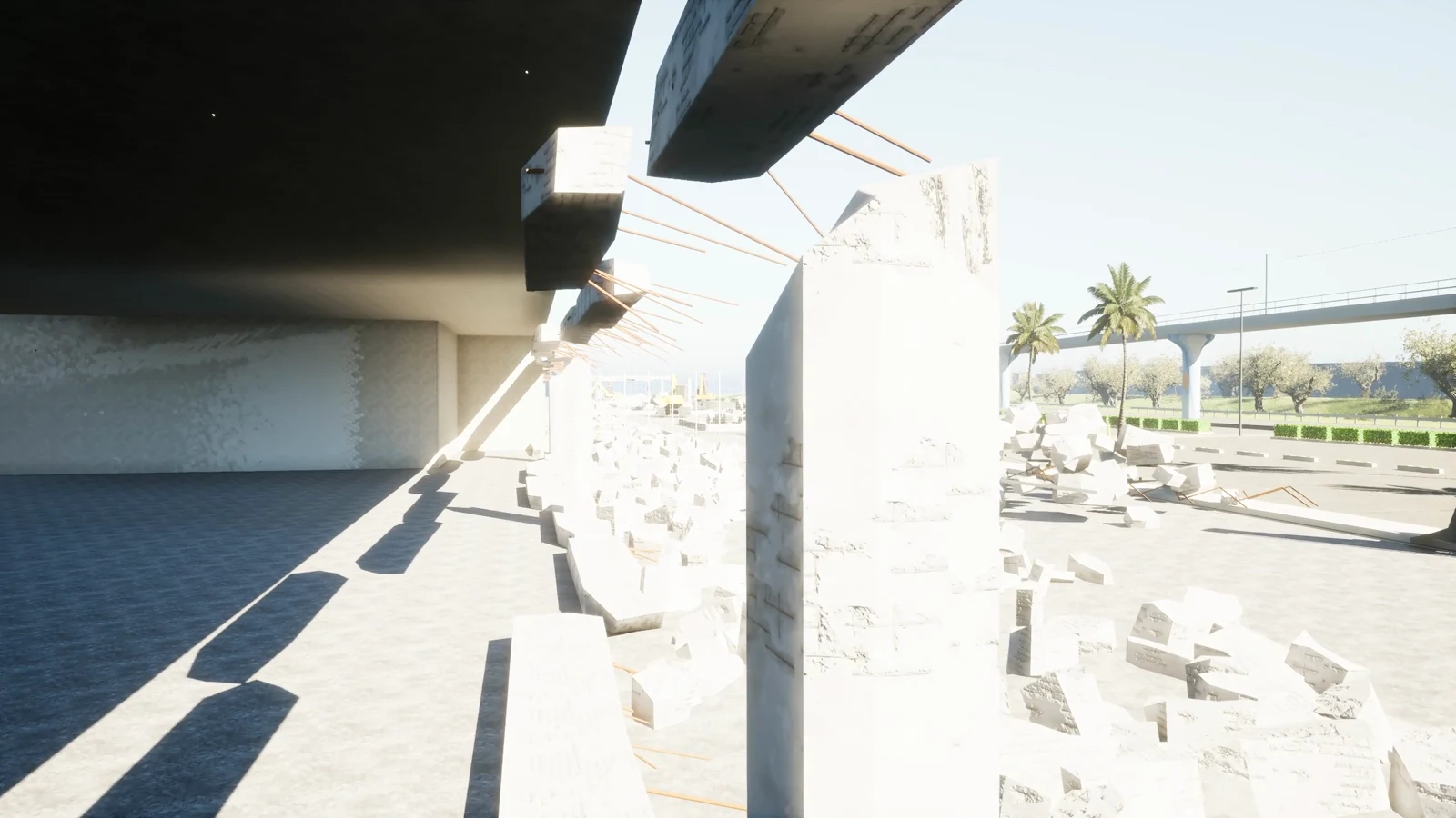 Sunlight falling across exposed concrete and rubble in the demolition version of the centre