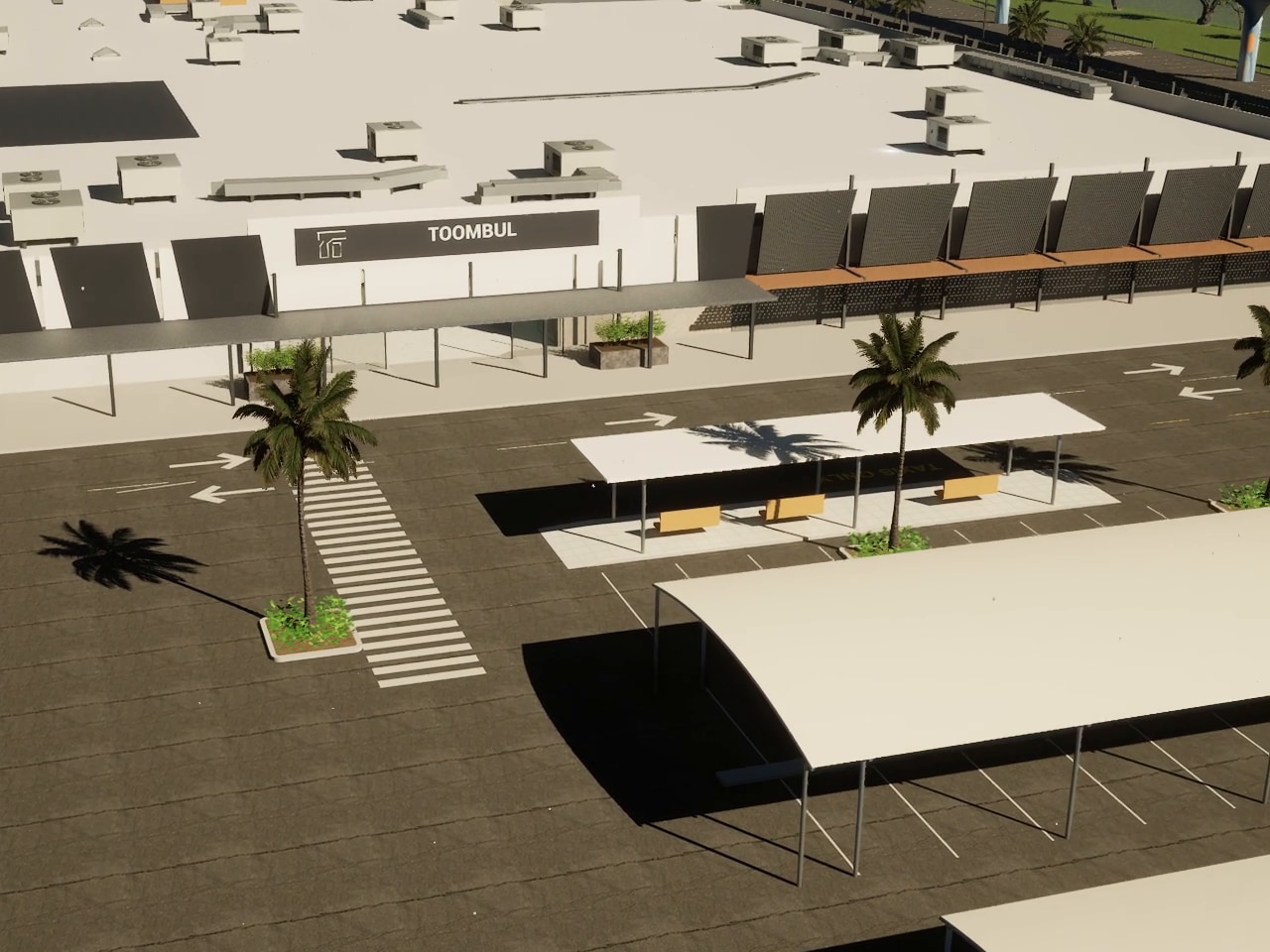 A wider view of the recreated Toombul entrance, palms, forecourt and carpark shelters
